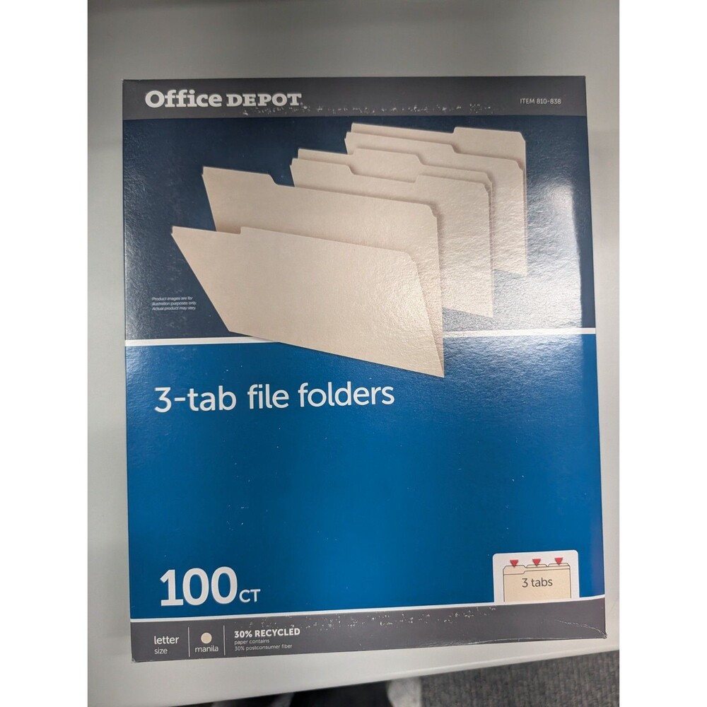 Office Depot 3-Tab File Folders Letter Size Manila 100 Ct Box 30% Recycled New